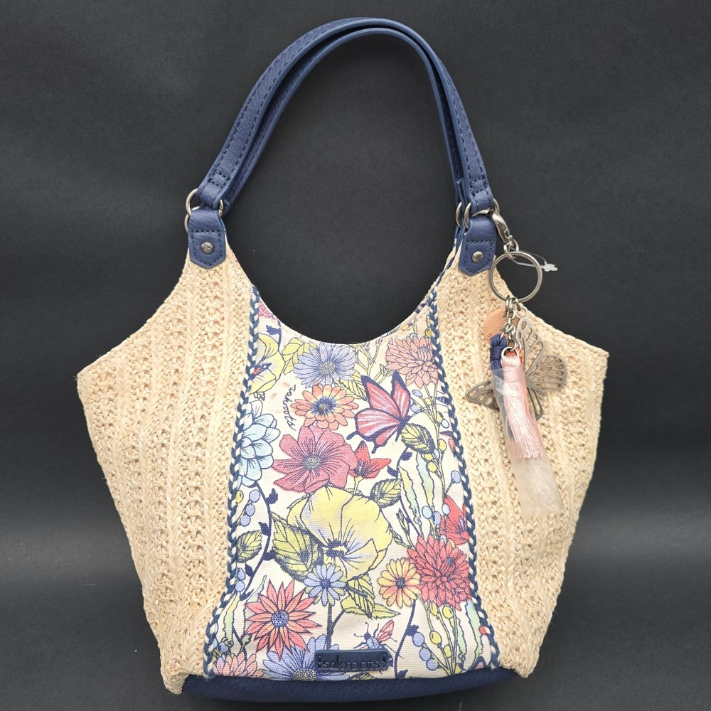 Sakroots Artist Circle Recycled City Straw Floral Butterfly Hobo Bag Navy Blue
